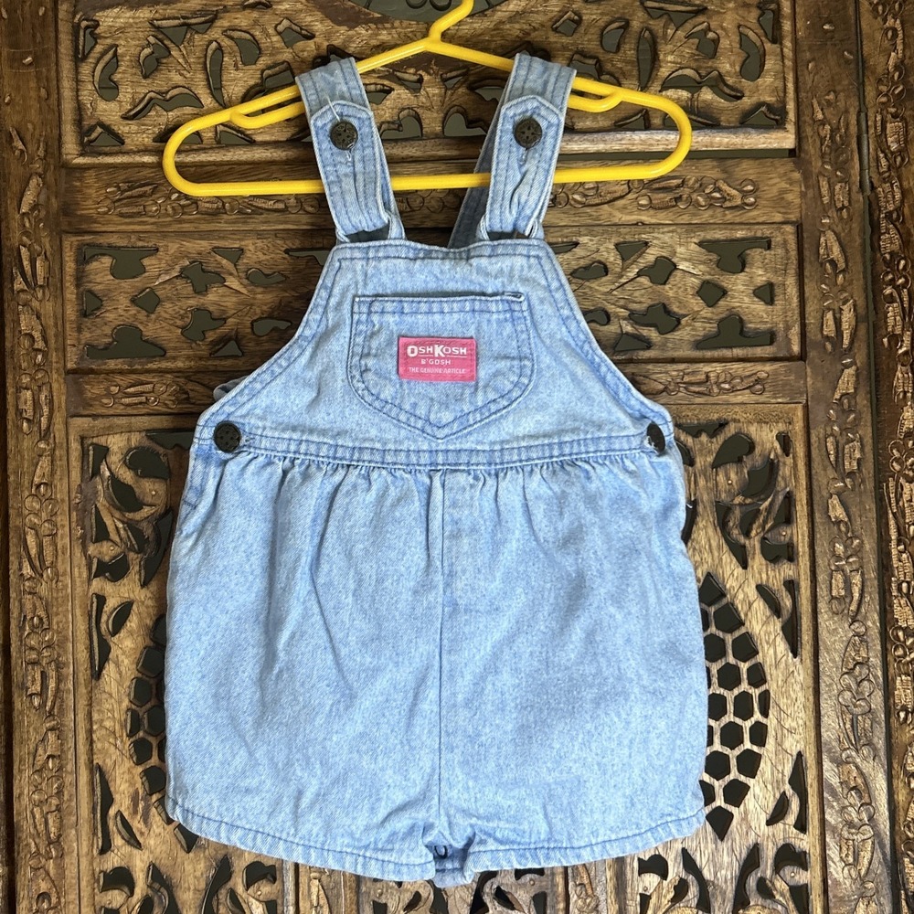 Vintage OshKosh Bgosh Girls Denim Pink Label Back Bow Shortalls 2T 90s Retro USA